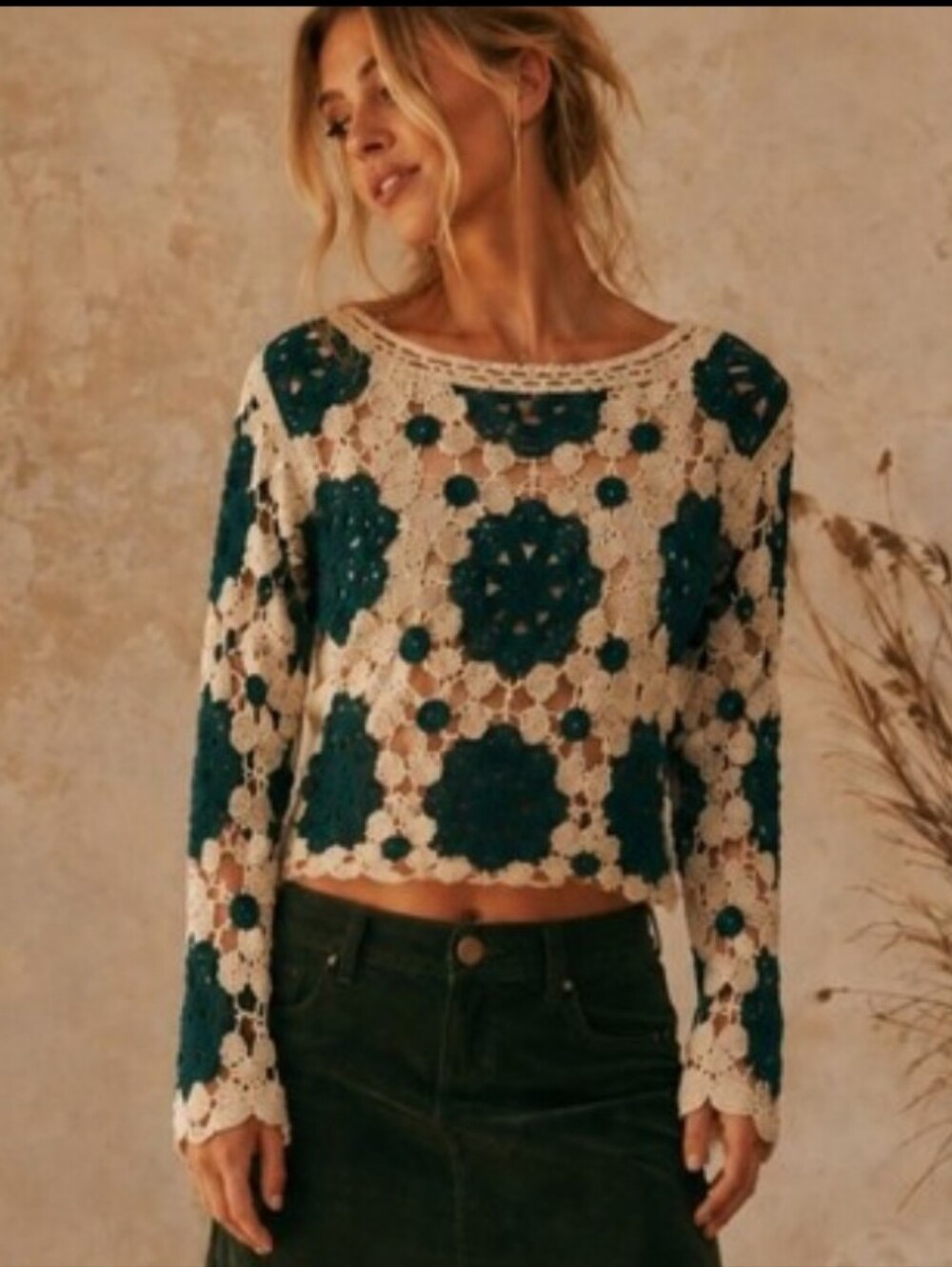 Rebellion Crochet Patchwork Sweater M Boho Open Knit Cropped EUC